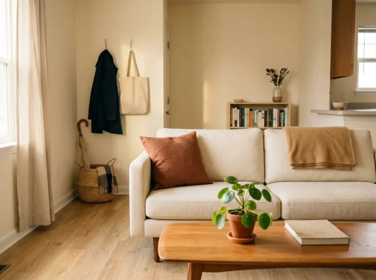 Small living room completely decluttered after the 30-day challenge — clear coffee table, tidy entryway corner and calm surfaces