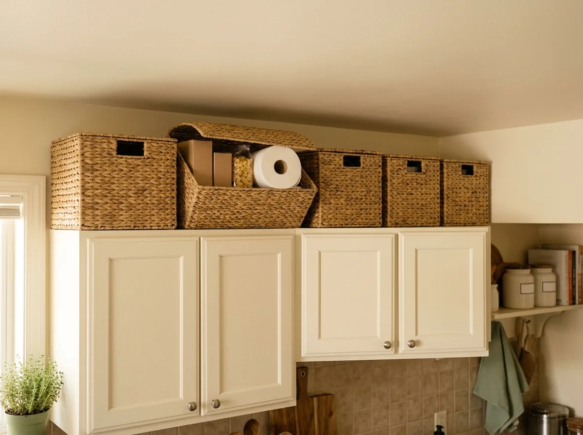 Matching baskets above kitchen cabinets store bulk back stock — small pantry organization ideas that use forgotten space in tiny kitchens