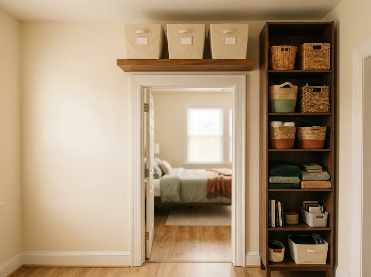 Mistake fixed: a shelf above the door and tall slim storage using the vertical space in a small home