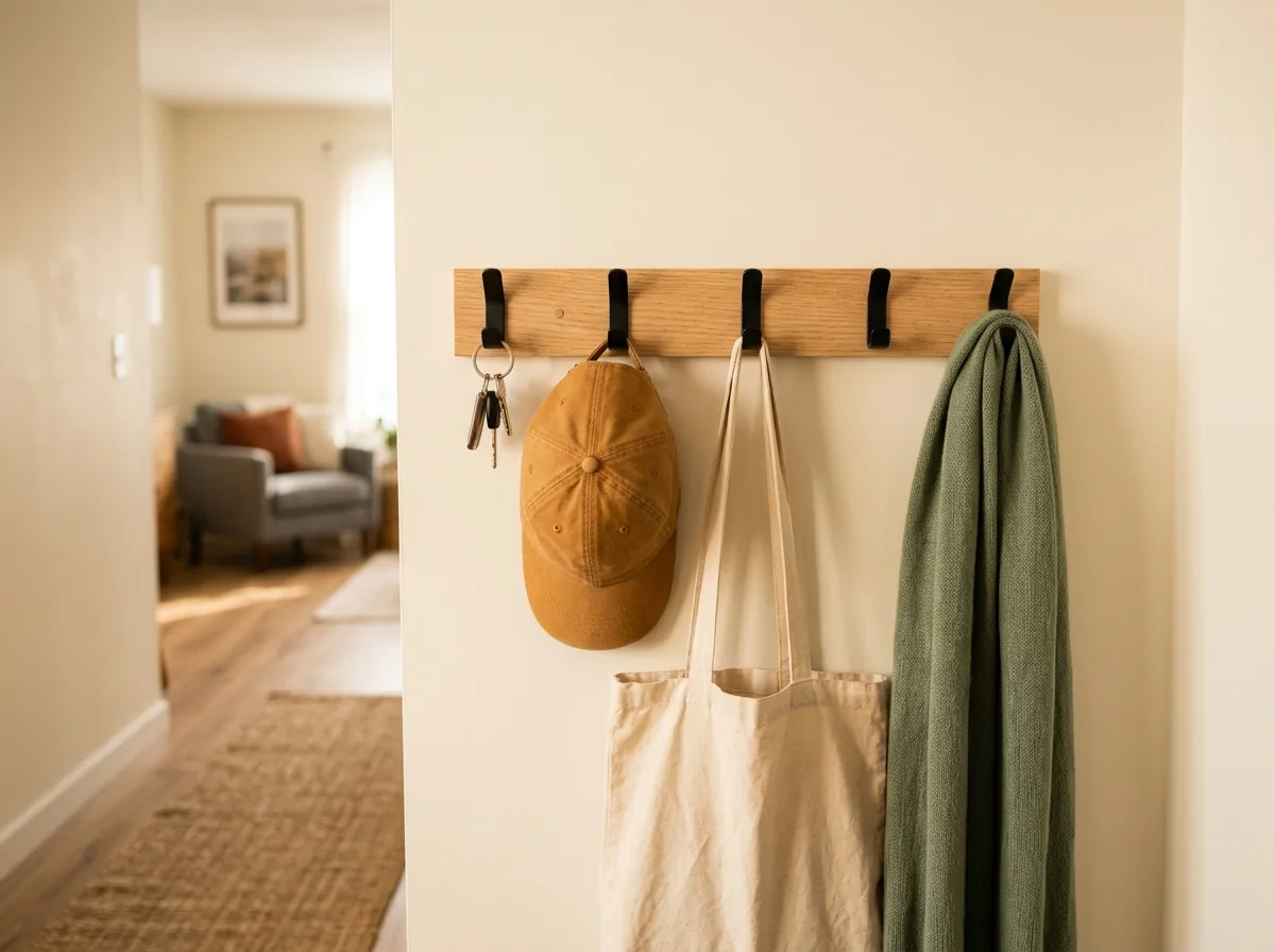Adhesive hook rail on a cream wall holding keys, a cap and a canvas tote bag, installed with no drilling.