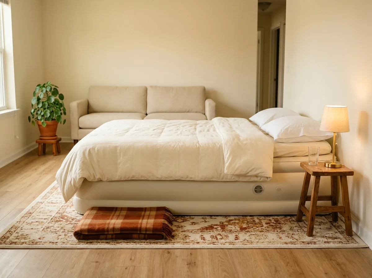 An air mattress set up like a real bed for overnight guests in a small apartment — rug underneath, topper and real bedding on top