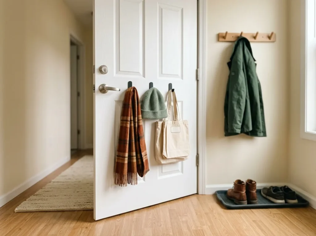 Hidden entryway storage for renters — adhesive hooks on the back of the door holding scarves, hats and reusable bags in a small apartment entry