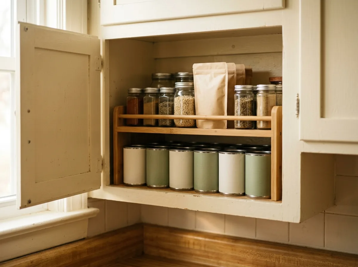 Bamboo shelf riser doubling a cabinet shelf — cans below and jars above in a small pantry organization setup for tiny kitchens