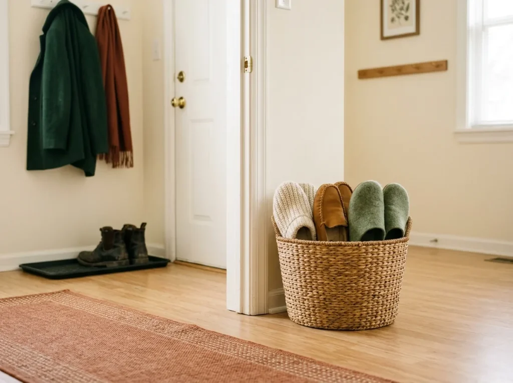Cozy fall entryway idea — a woven basket of slippers and house shoes by the door in a small apartment entryway