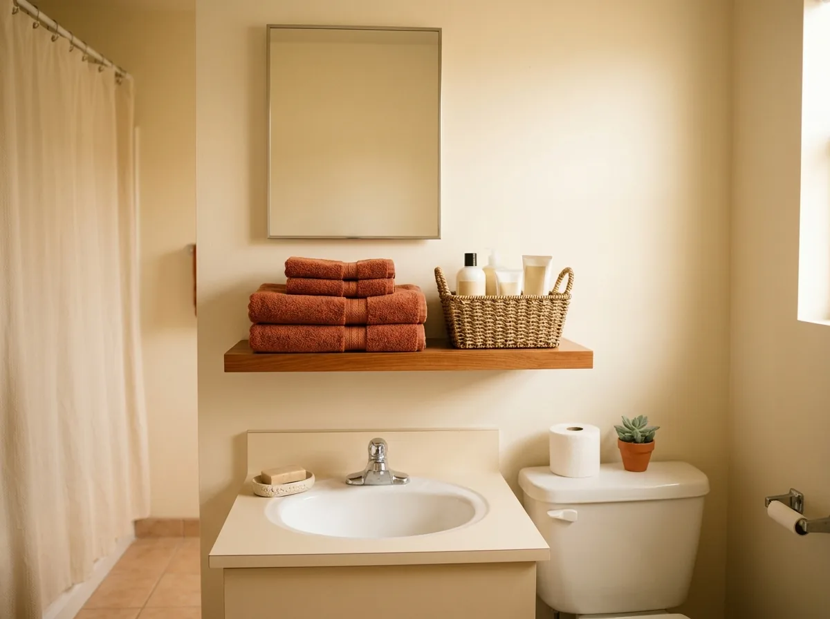 A stocked guest shelf in a tiny bathroom — guest towels in their own colour, spare toiletries and a visible spare roll for overnight guests