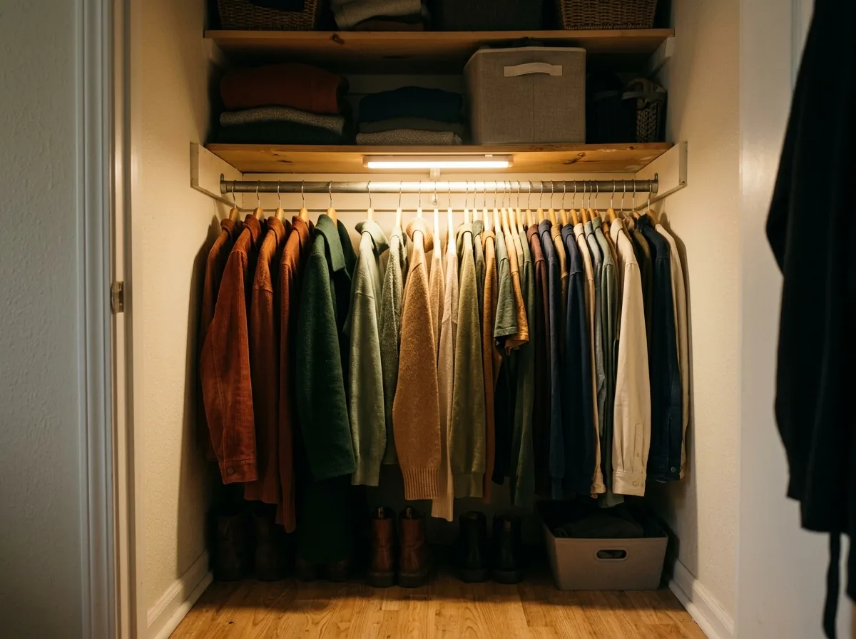 Small closet lit by a warm battery LED light bar under the shelf, making the clothes at the back visible
