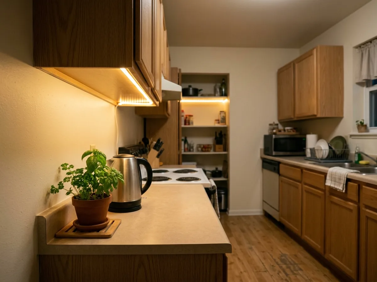 Battery LED light strips glowing under kitchen cabinets and along shelves in a small rental apartment.