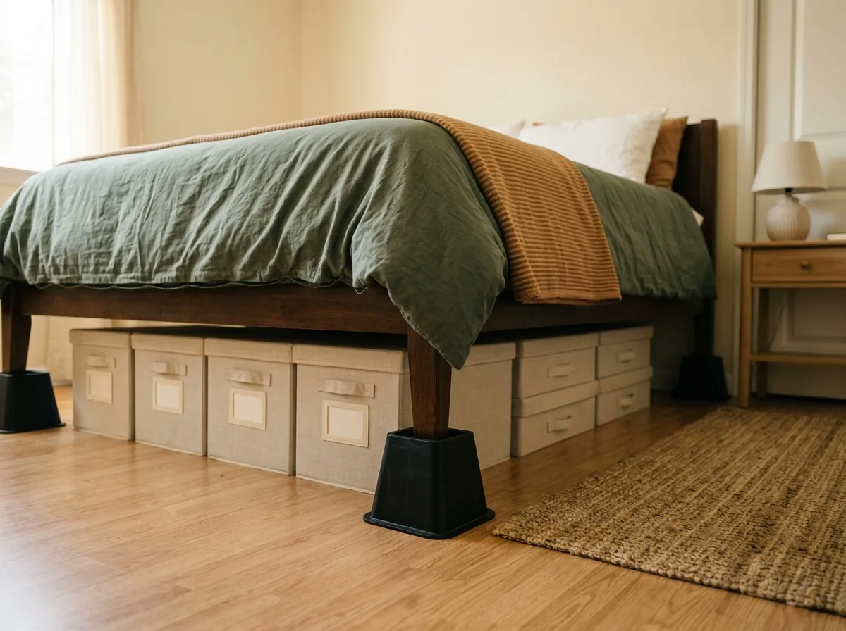 Bed lifted on risers with storage boxes underneath in a small rental bedroom, creating hidden storage height.