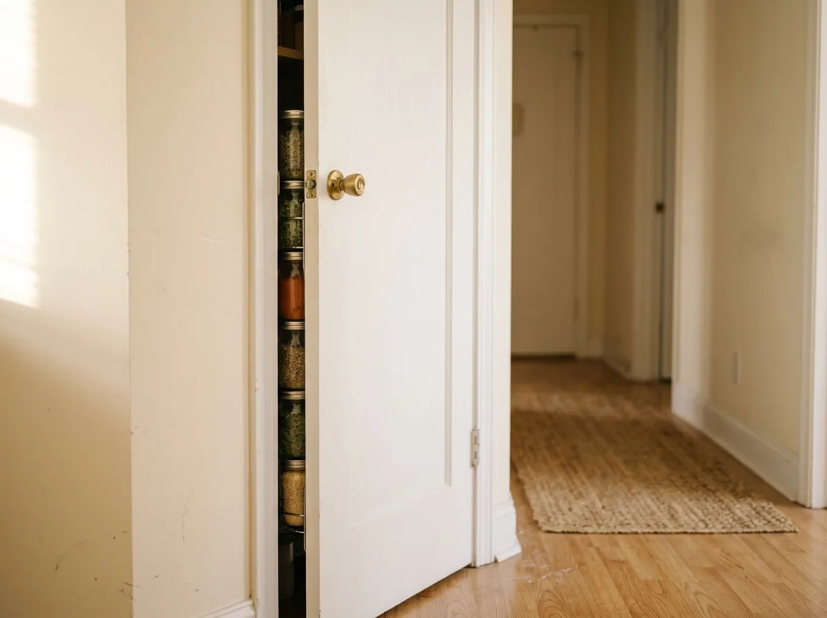 Plain closed door with only the edge of a behind-door jar rack visible in the gap, a second pantry hidden behind it.