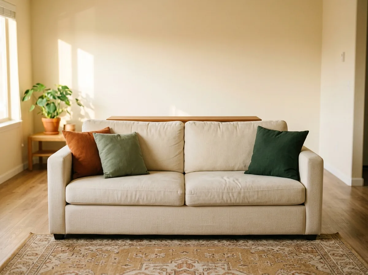 Sofa floated off the wall with a slim hidden console shelf behind it, invisible from the front of the room.