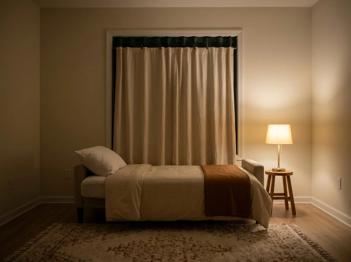 Fake blackout curtains for a guest sleep corner — a blackout panel clipped behind rental curtains so overnight guests can sleep in