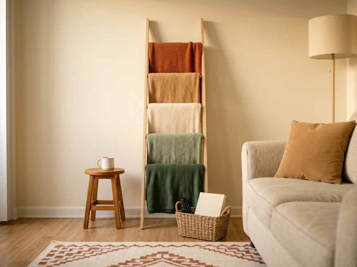 A leaning blanket ladder stores five throws in the floor space of one and becomes the coziest feature of a small living room