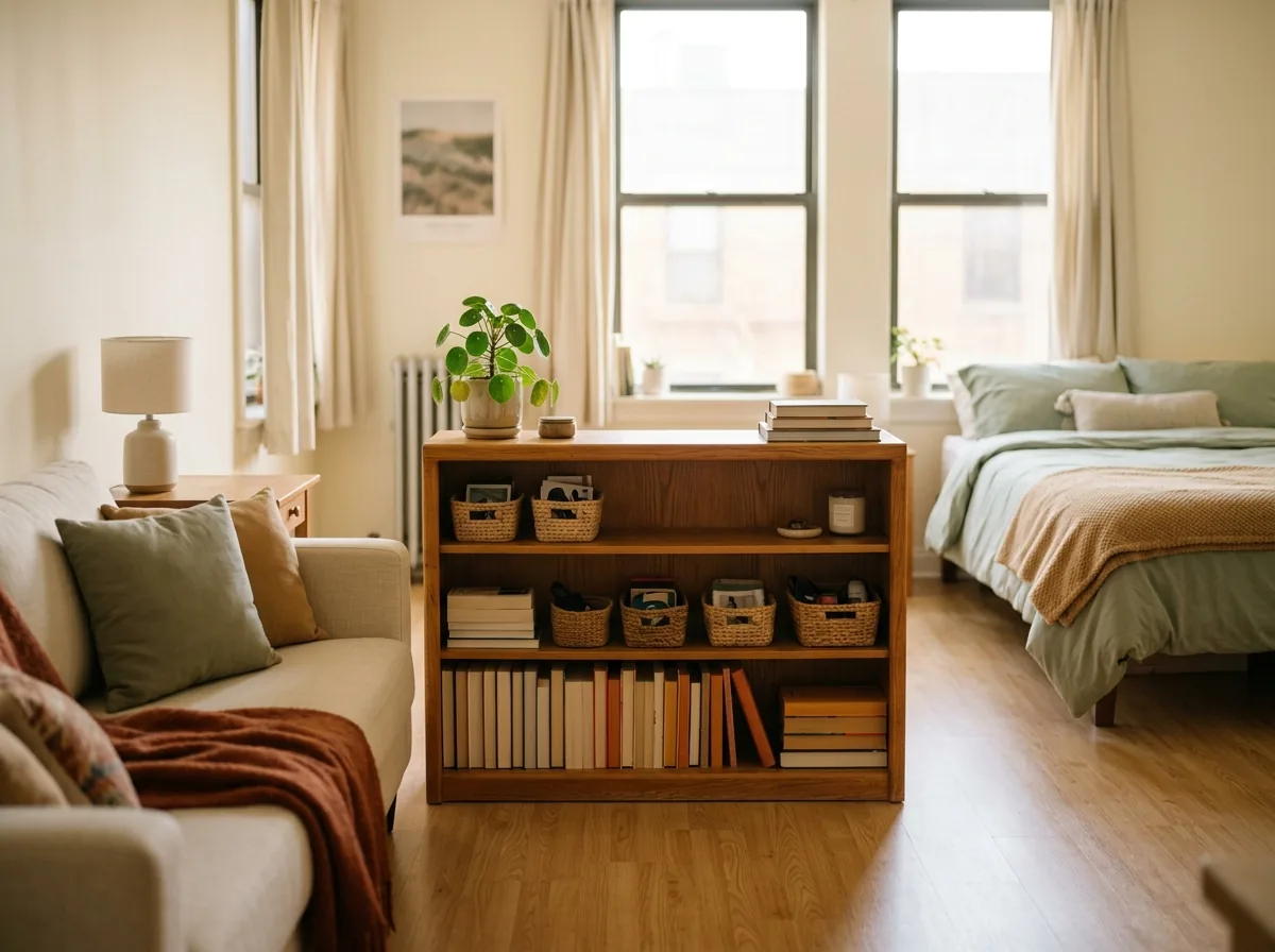 Low bookcase used as a room divider in a studio apartment with a sofa on one side and a bed on the other.