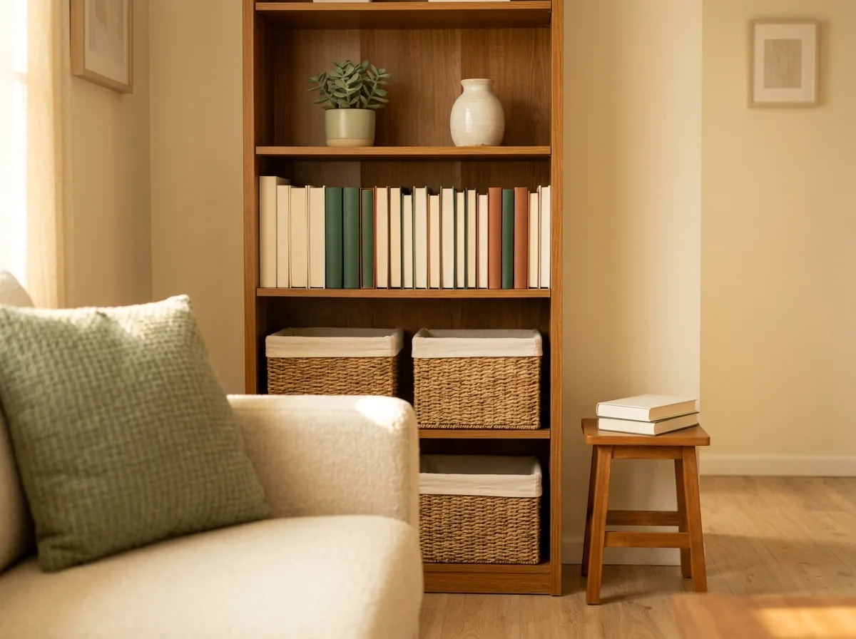 Cozy small living room storage — matching woven baskets on the lower bookshelf shelves hide clutter while books and a plant stay on display
