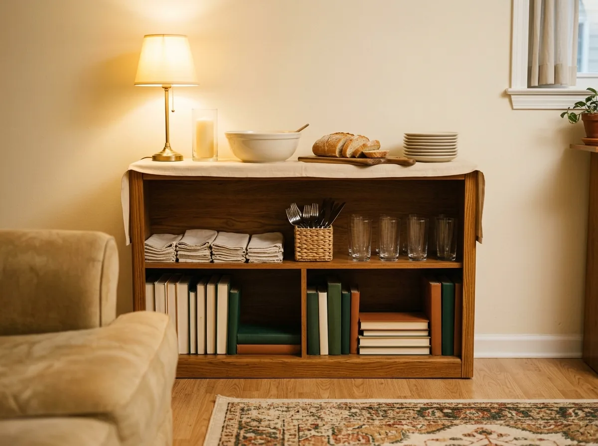 A bookshelf turned into a buffet for small apartment hosting — serving dishes, plates and napkins on shelves free the tiny kitchen