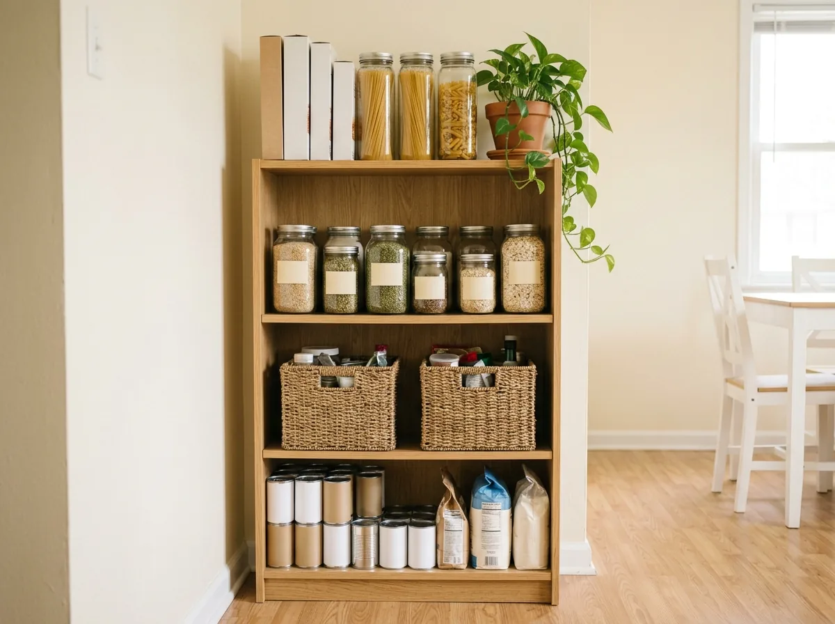 Bookshelf pantry wall for a kitchen with no pantry — open shelves with jars, baskets and cans as small kitchen storage