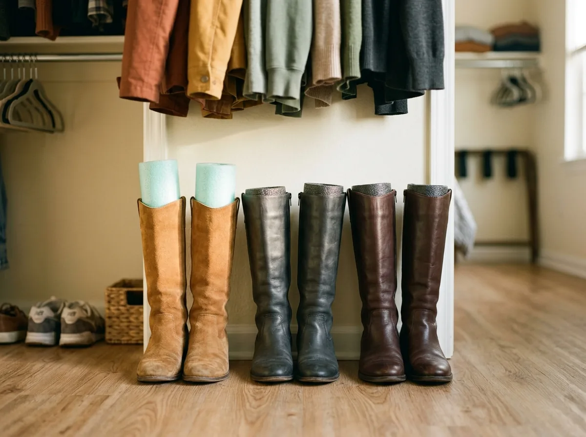 Tall boots standing upright in a neat row on a closet floor with inserts holding their shape