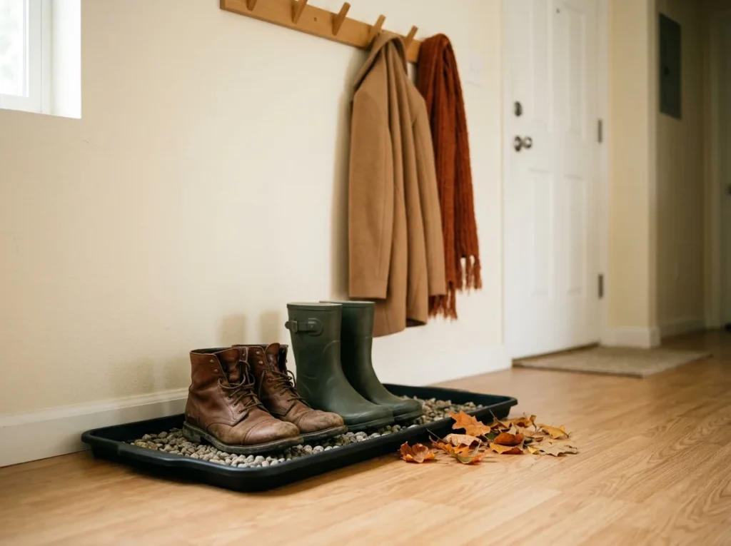 Small entryway shoe storage — a boot tray under the hooks corralling wet fall boots and protecting floors in an apartment with no mudroom
