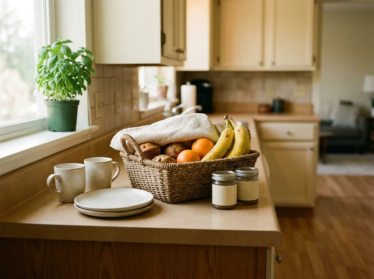 Leave breakfast out the night before — a basket of muffins, fruit and granola so overnight guests can eat early without hunting through cupboards
