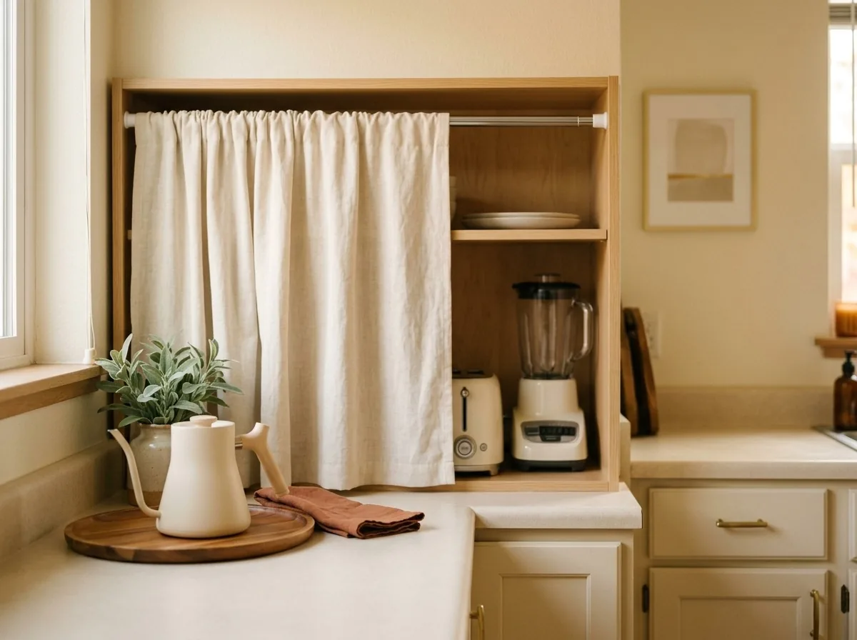 A budget appliance garage for a small kitchen — a tension-rod curtain hides the toaster and blender behind one calm front