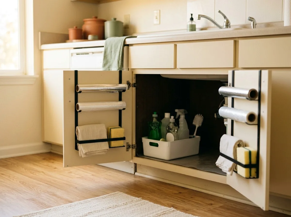 Cabinet door storage for a small kitchen — slim racks inside the under-sink doors hold film, foil, cloths and the cleaning caddy