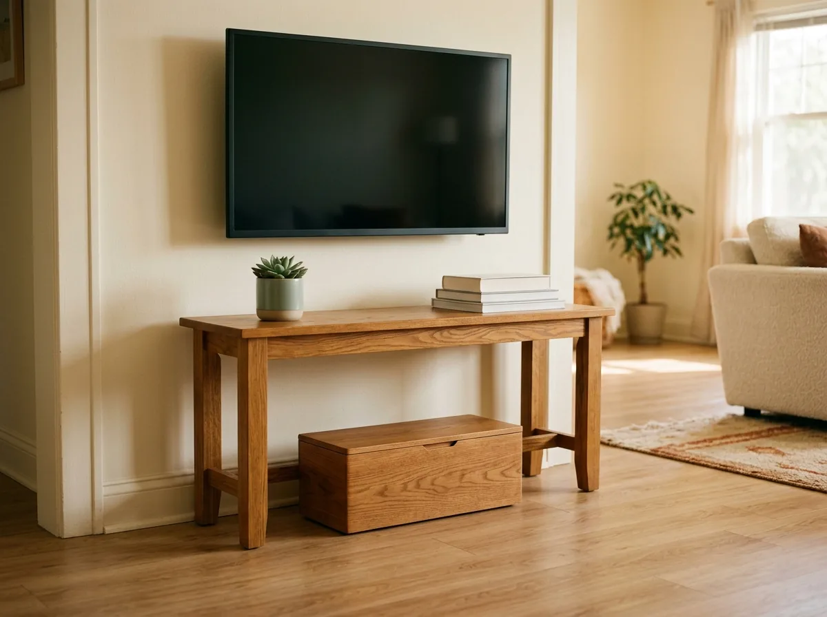 Closed wooden cable box under a TV stand with not one cord visible, the whole power strip hidden inside.