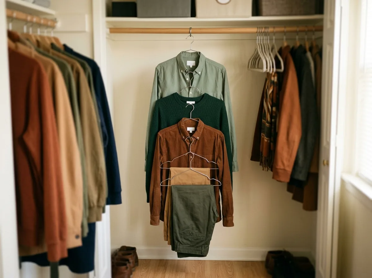 Cascading hangers holding five garments vertically from one hook point in a small closet