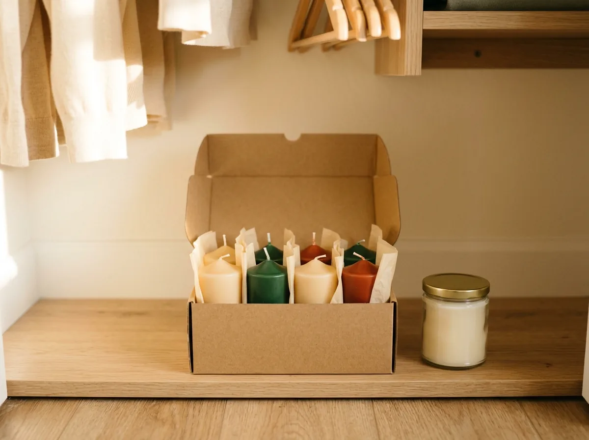 Christmas candle storage — candles upright and tissue-wrapped in their own box on the coolest closet shelf