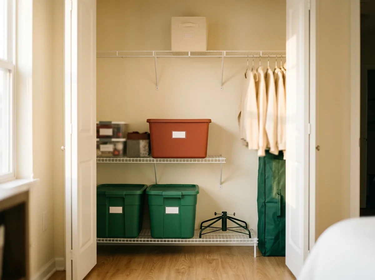 Zone the Christmas closet shelves — heavy bins low, the fragile bin high and clear, and the first-out bin at the front
