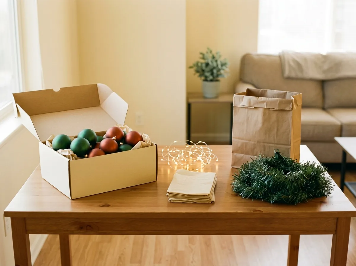 Declutter Christmas decor before storing it — a keep pile of ornaments in a box and a donation pile set apart on the table