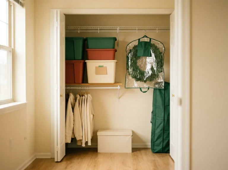 Christmas decor storage ideas for apartments with one closet — colour-coded bins, an upright tree bag and a garment-bag wreath in a single rental closet