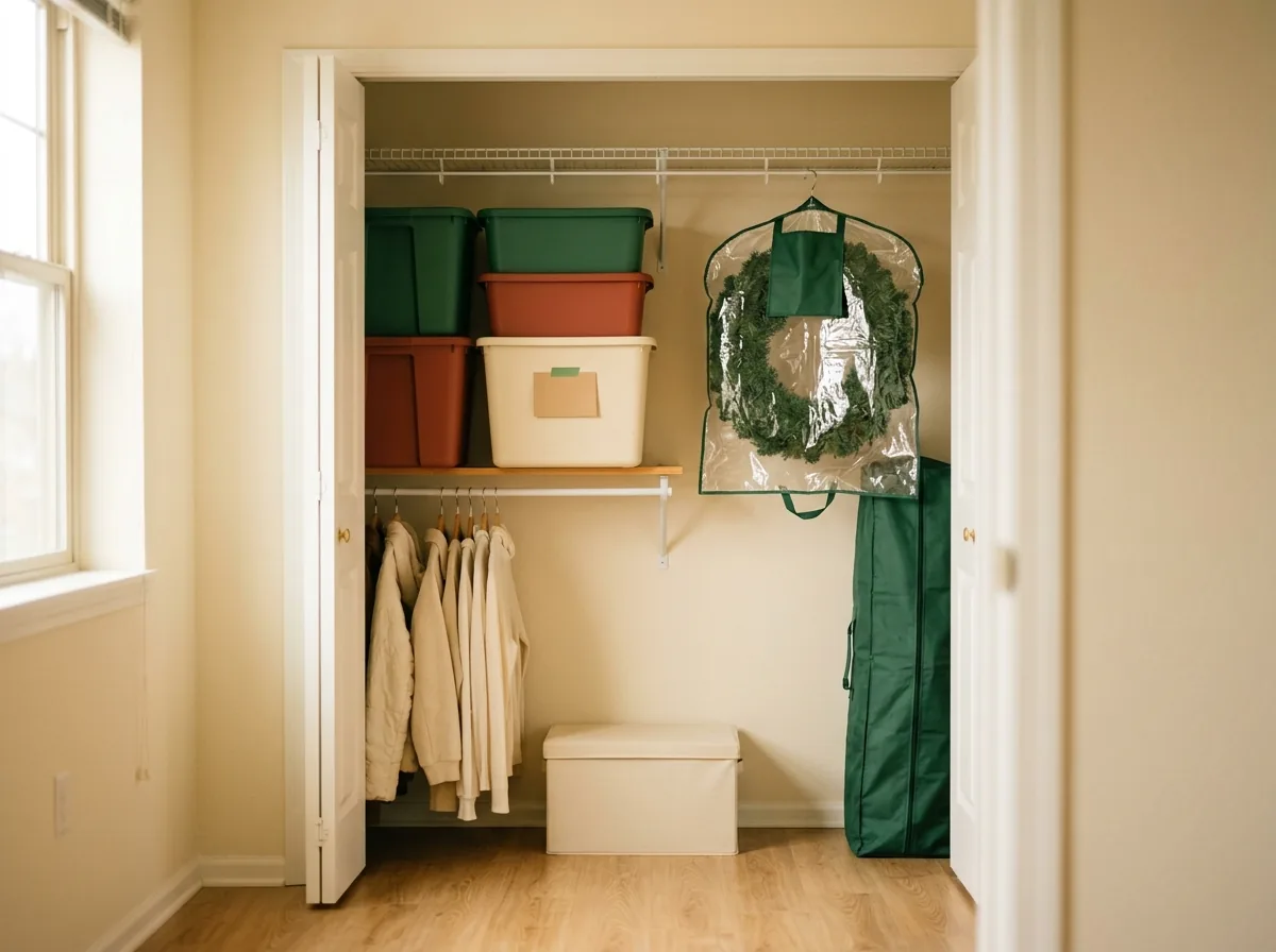 Christmas decor storage ideas for apartments with one closet — colour-coded bins, an upright tree bag and a garment-bag wreath in a single rental closet