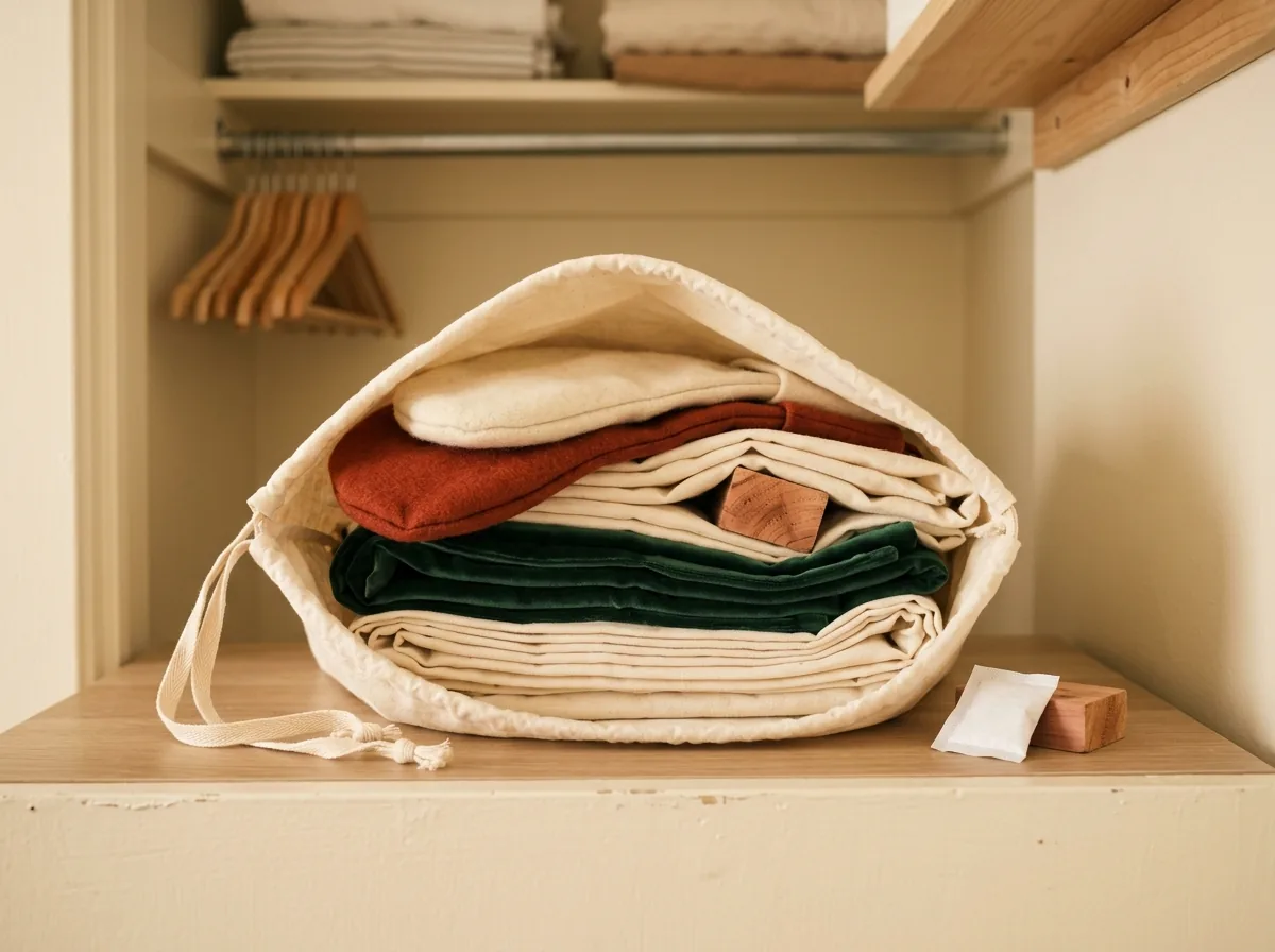 Store stockings, linens and the tree skirt in a breathable cotton bag — clean, dry fabric with a cedar block inside