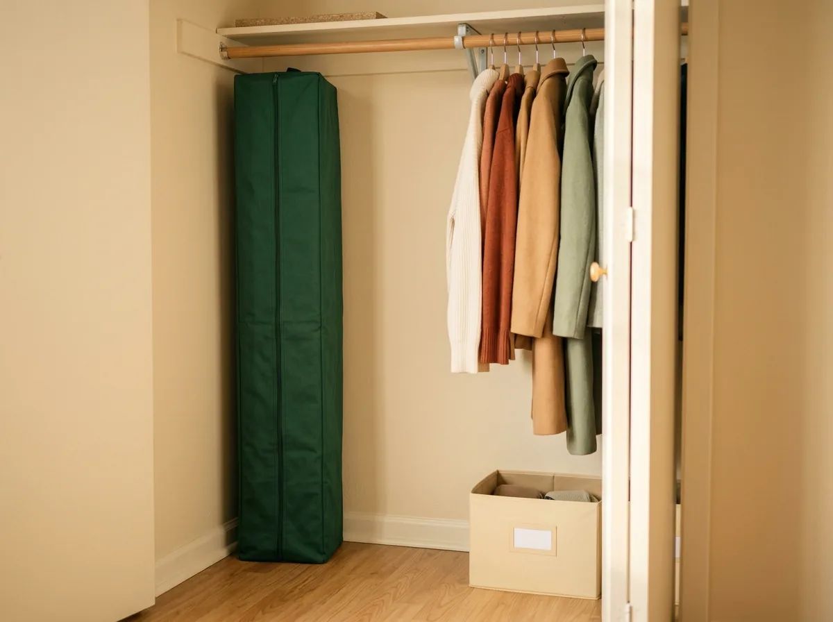 Christmas tree storage bag standing upright in the closet corner — the biggest decor item with the smallest footprint