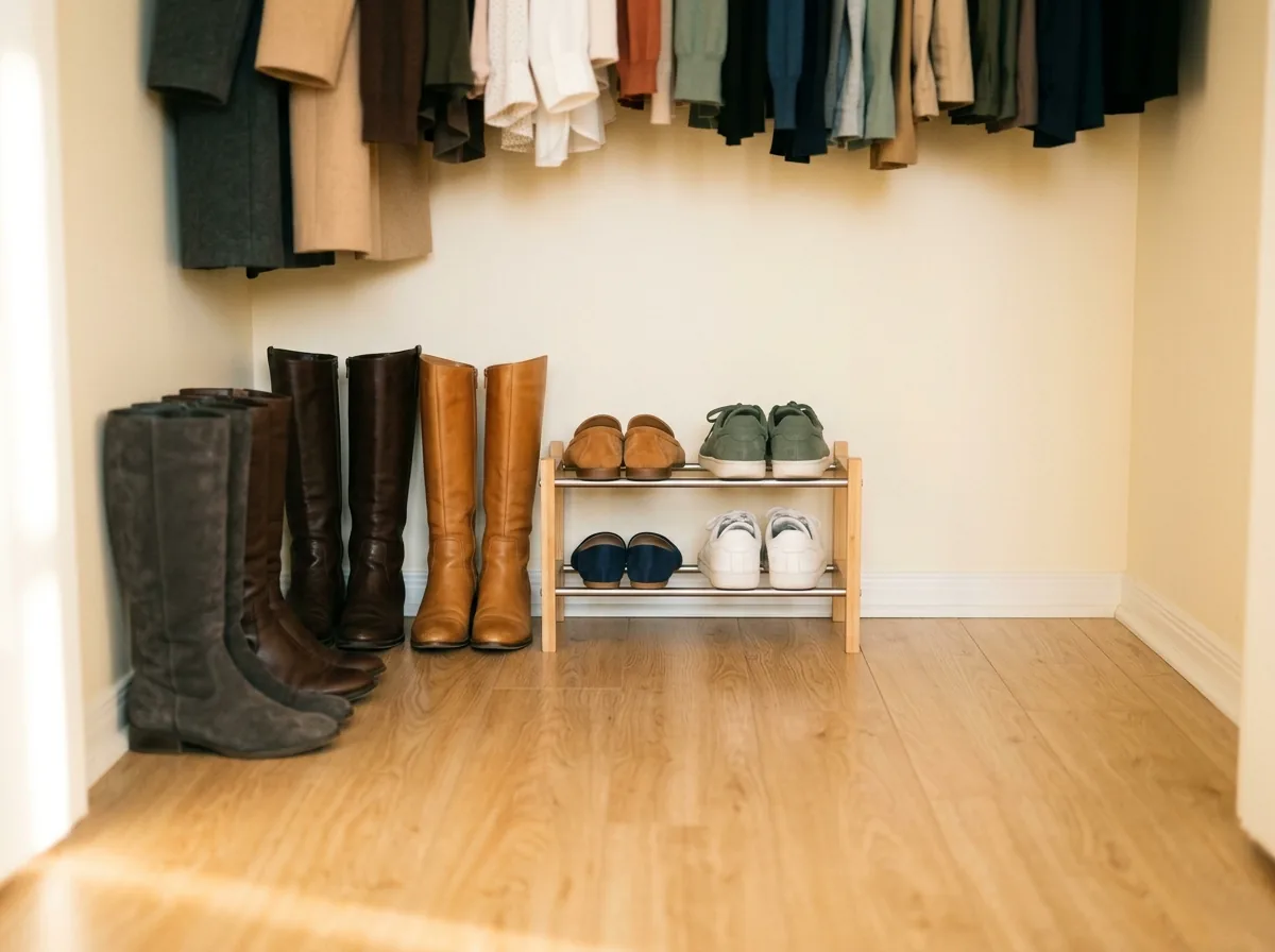 Mistake fixed: a clear closet floor with boots in a row and shoes on a small rack