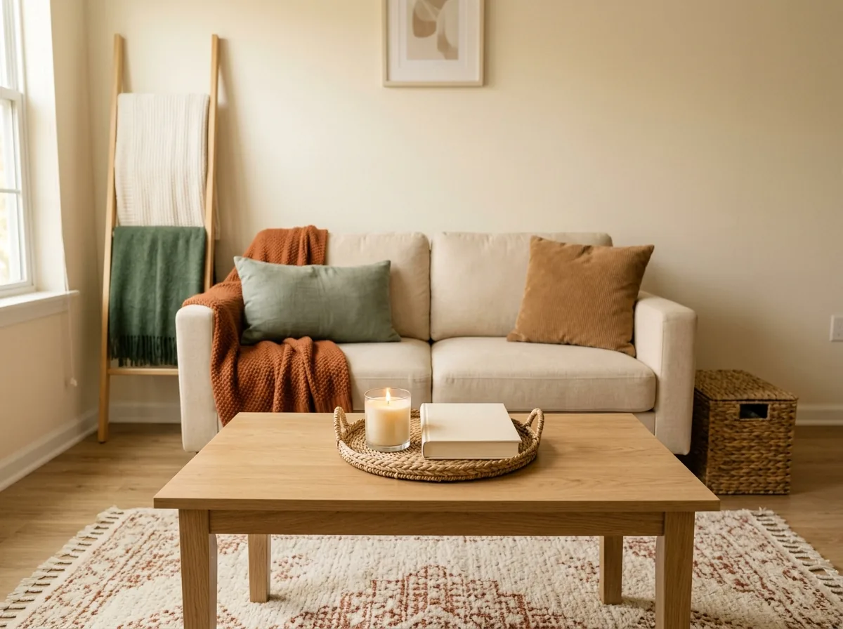 One completely clear coffee table surface — just a tray, a candle and a book — makes a small living room feel calm and cozy