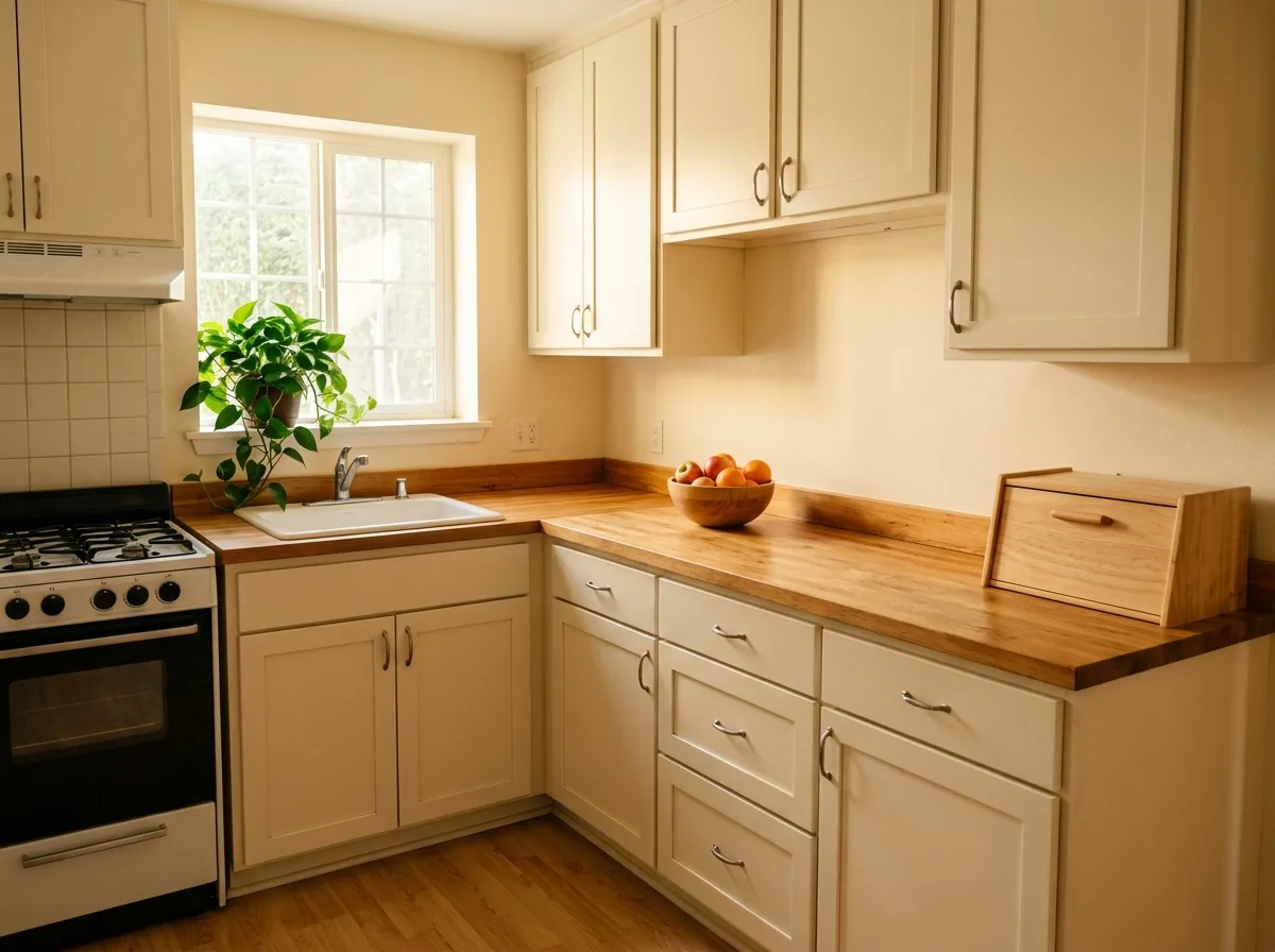 Clear kitchen counters with only a fruit bowl and bread box on display make a small kitchen with no pantry feel twice as big