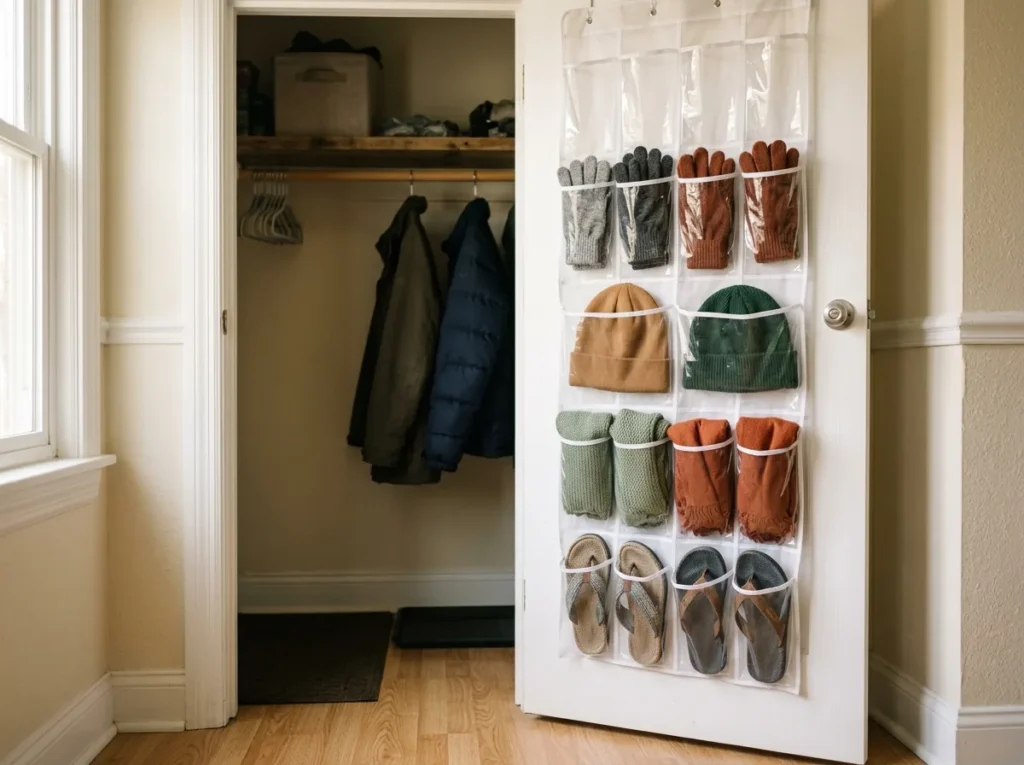 Closet door storage for small entryways — clear over-door pockets holding gloves, hats and off-season shoes inside a coat closet