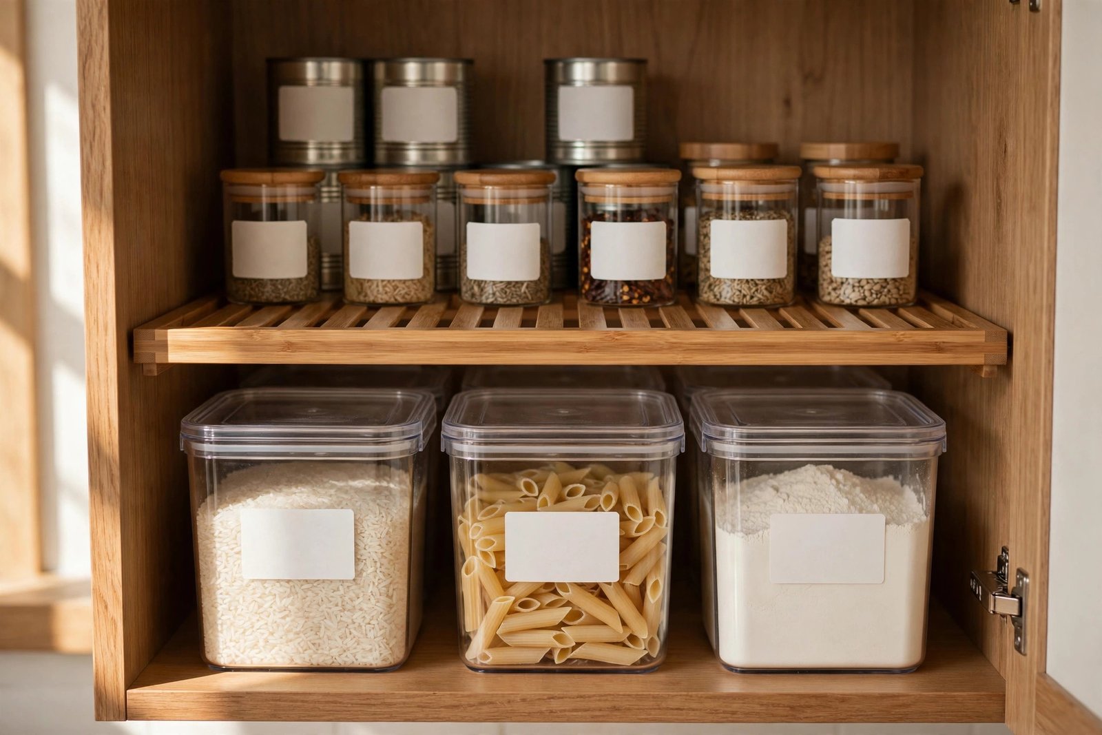 Small pantry organization ideas — clear square containers and a shelf riser doubling cabinet space in a small kitchen