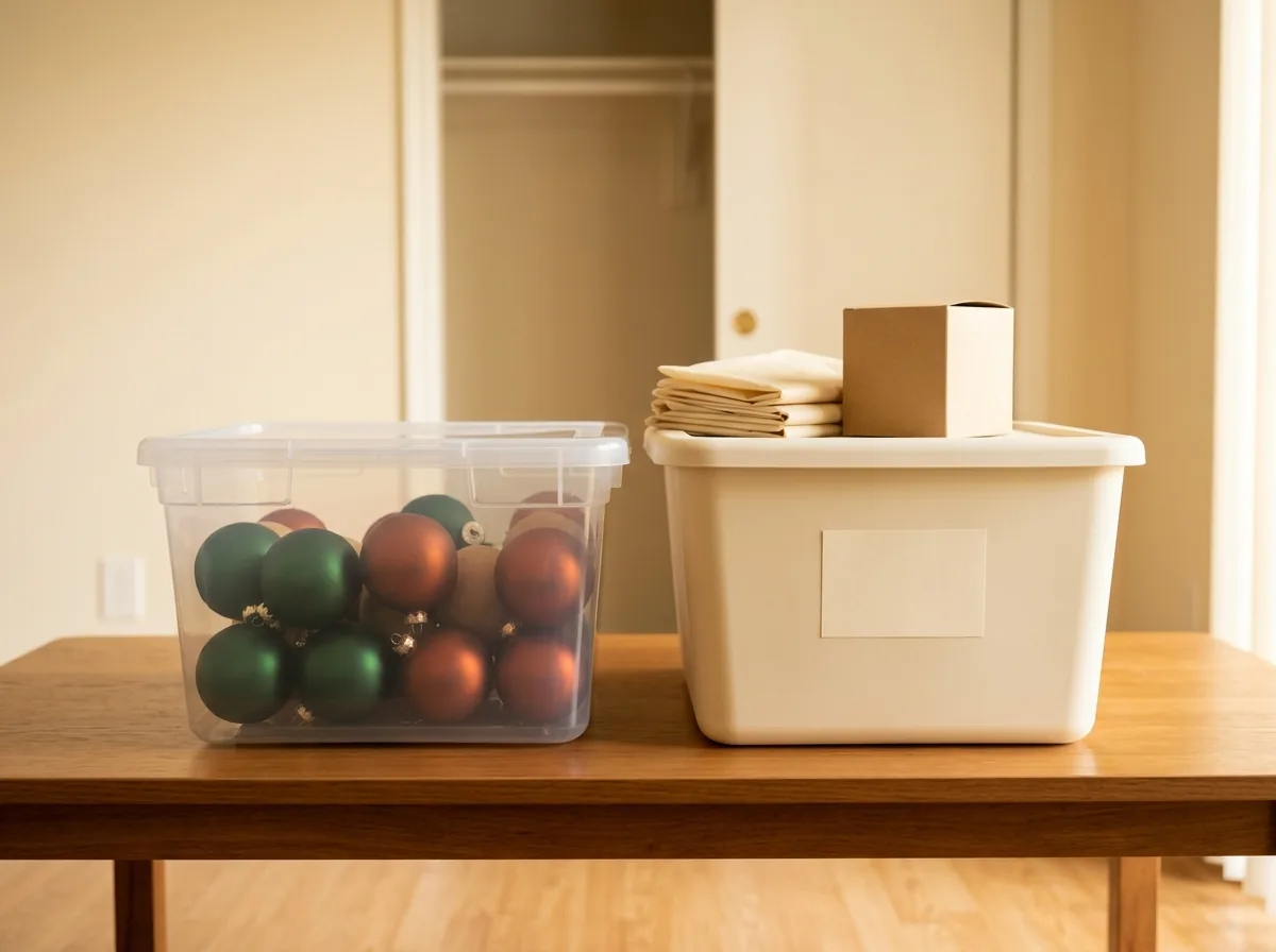 Clear vs opaque Christmas storage bins — clear shows the ornaments at a glance, opaque looks calmer with a plain label card