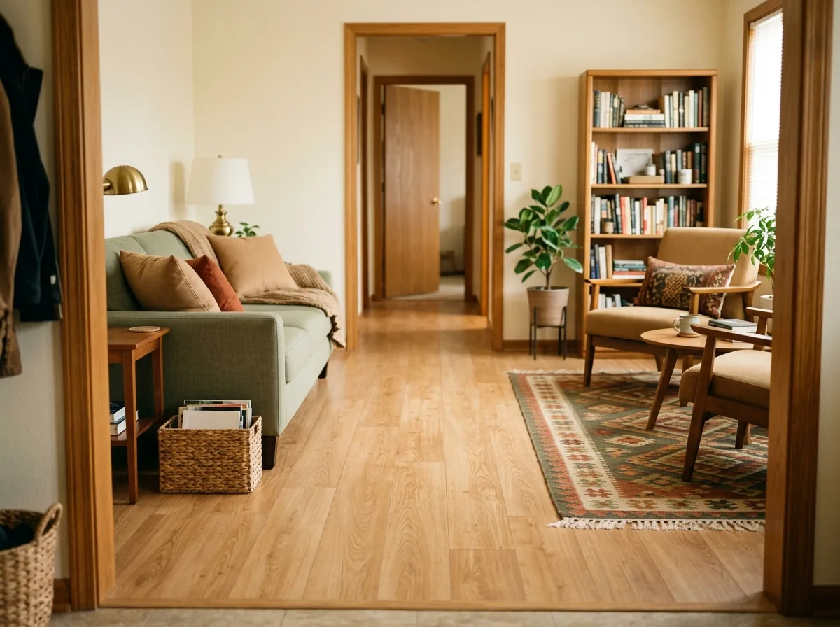 Mistake fixed: one clear walking lane running through a small living room from door to door