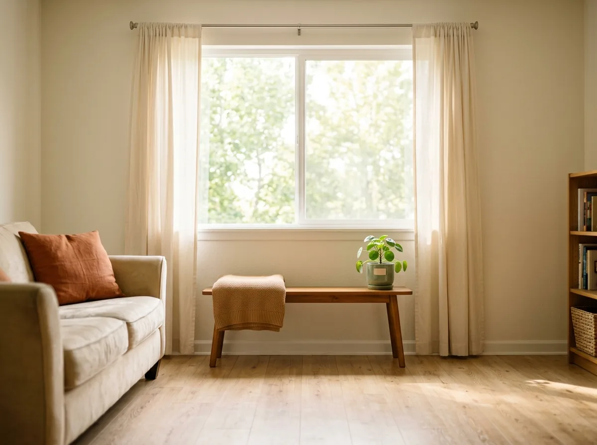 Mistake fixed: windows kept clear with only low furniture beneath, letting daylight into a small room