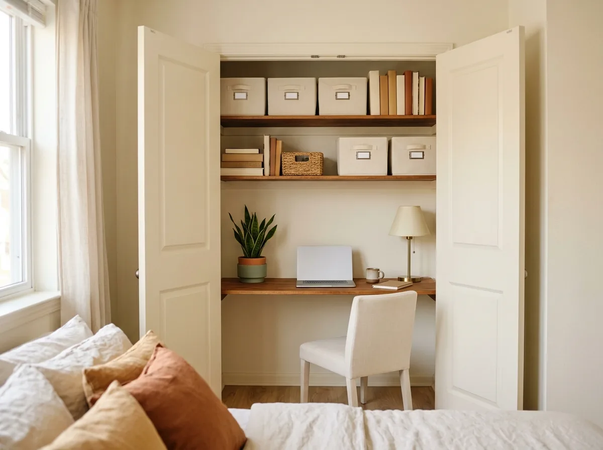 Closet converted into a cloffice with a desk inside, shelves above and the chair tucked in.