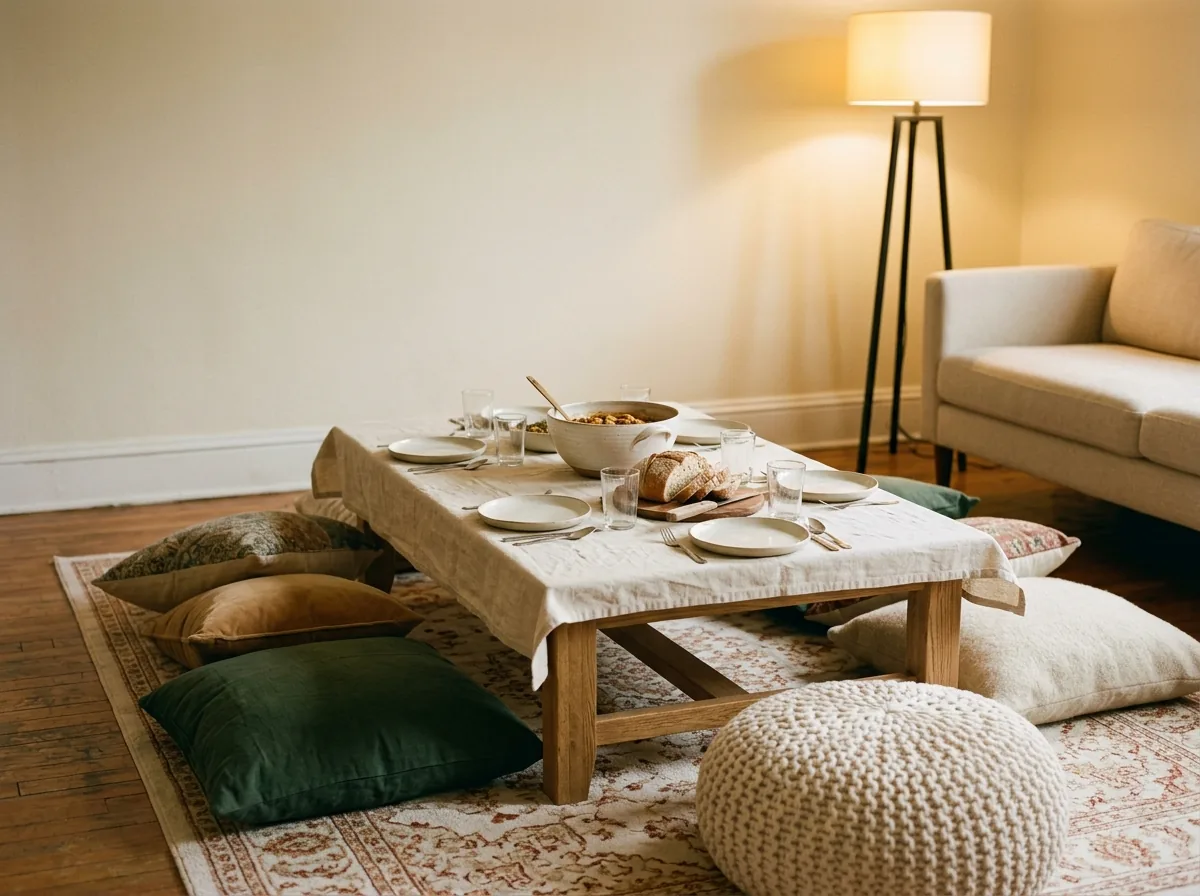 Coffee table dining in a small apartment — low table set family-style with floor cushions and poufs seating eight with no dining room