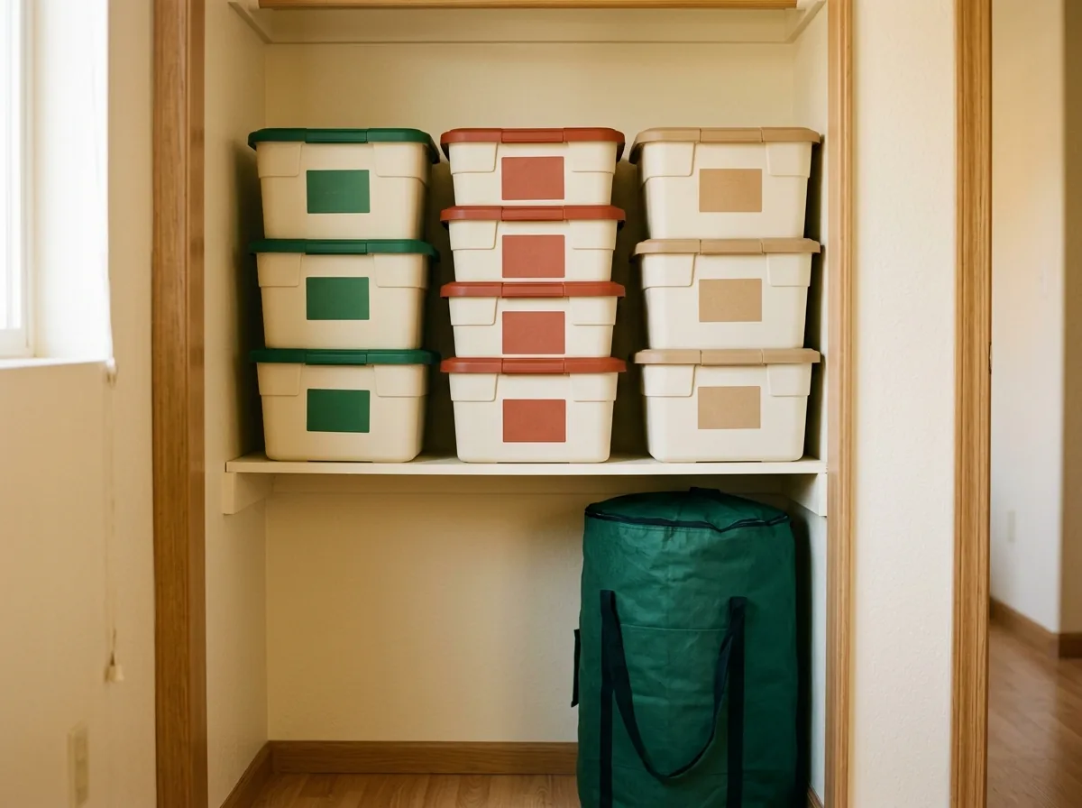 Colour-coded Christmas storage bins — green lids for tree and garlands, rust for ornaments, kraft for lights and soft decor