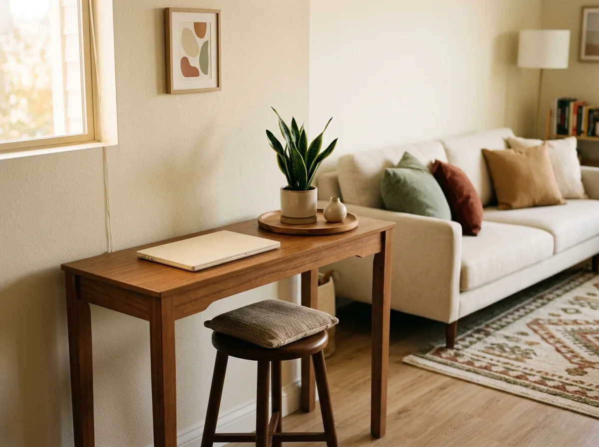 Slim console table styled as a desk with a closed laptop, tray and plant in a living room.