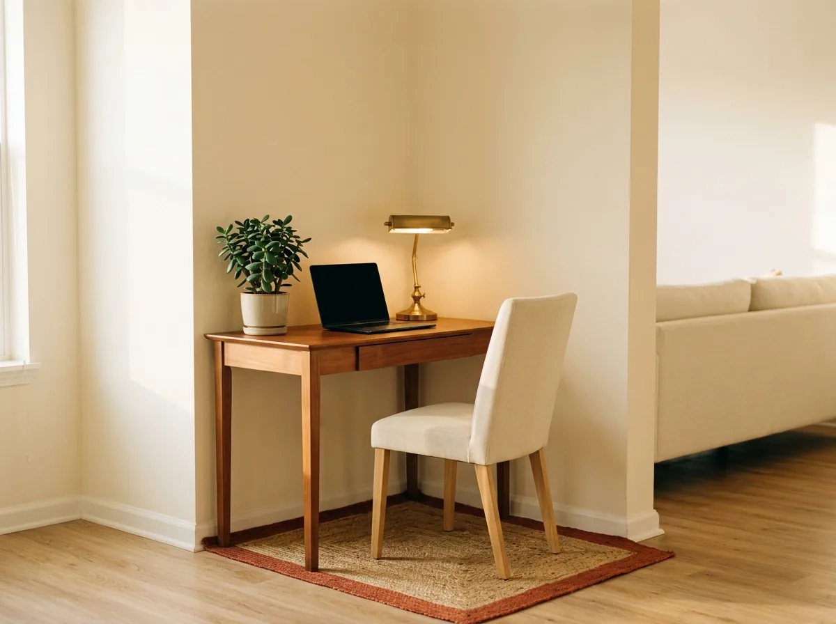 Slim desk tucked into a living room corner with a chair and rug marking out a small home office.