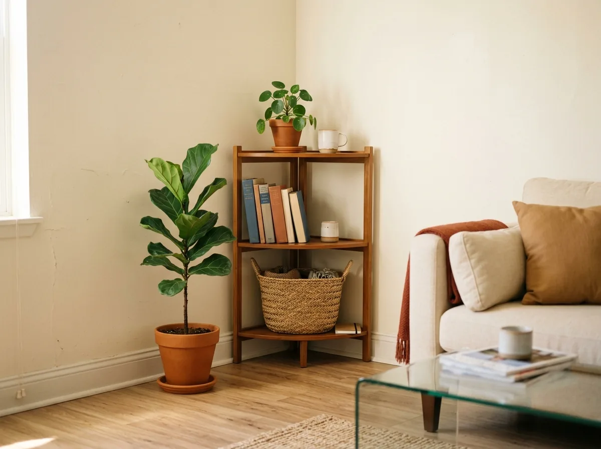 Mistake fixed: corner shelves turning a dead corner into storage in a small living room