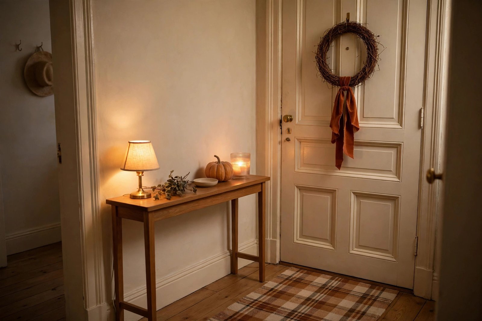 Cozy fall entryway ideas for small apartments — one wreath, a warm washable runner and a simple pumpkin