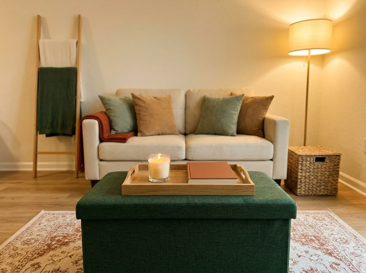 A cozy small living room after a 10-minute evening reset — clear ottoman tray, folded throws, tidy baskets and warm lamplight